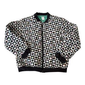 Quilted Bomber Jacket Cat Print Zip Up Black White Kids 10 Animal Cartoon